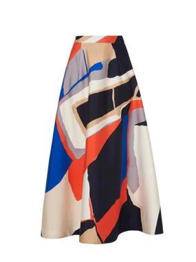 NWT LK Bennett Silk Wool Amina Long Full Skirt Color Block Abstract Geometric S